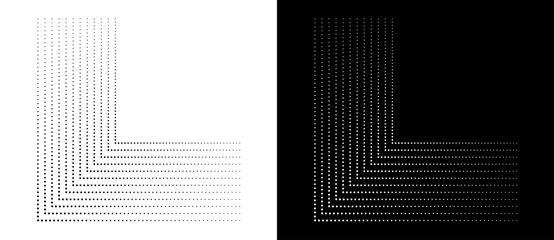 Poster - Halftone dotted corner as background or icon for any projects. Black shape on a white background and the same white shape on the black side.