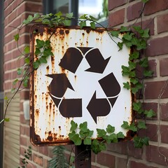 A rusty sign featuring a visible recycling symbol, surrounded by green vines, highlighting environmental awareness