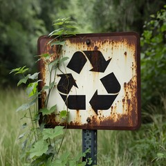 A rusty sign featuring a visible recycling symbol, surrounded by green vines, highlighting environmental awareness