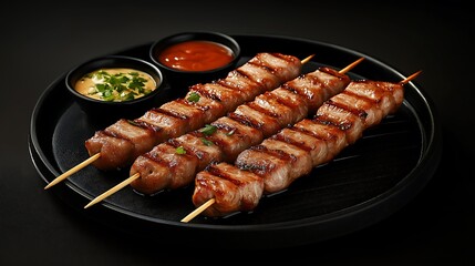 a sizzling plate of grilled pork skewers with dipping sauces on the side, grilled pork skewers, thai