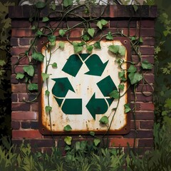 A rusty sign featuring a visible recycling symbol, surrounded by green vines, highlighting environmental awareness