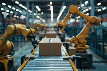 Poster - Robotic arms working on a cardboard box on a conveyor belt in a factory, concept of automation in the industry