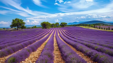 Poster - A scenic view of a lavender field in Provence with rolling hills and a clear blue sky, picturesque setting with vibrant purple tones, Countryside style