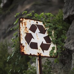 A rusty sign featuring a visible recycling symbol, surrounded by green vines, highlighting environmental awareness