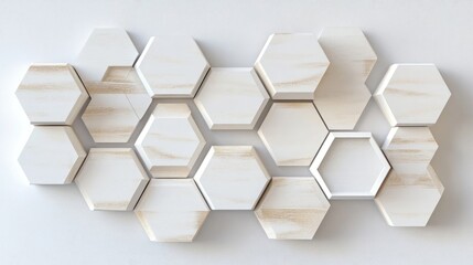 Poster - 3D hexagon made of white painted wood with grid decor, ideal for modern interior design