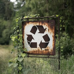 A rusty sign featuring a visible recycling symbol, surrounded by green vines, highlighting environmental awareness