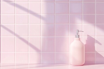 Elegant modern bathroom with soft pink tiles and minimalist fixtures creating a serene spa atmosphere