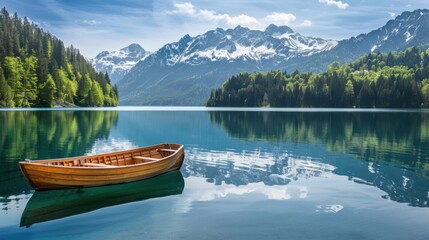 Naklejka na meble A secluded alpine lake with a small wooden boat floating on the glassy surface, surrounded by snow-capped mountains and dense pine forests, serene setting with alpine tranquility