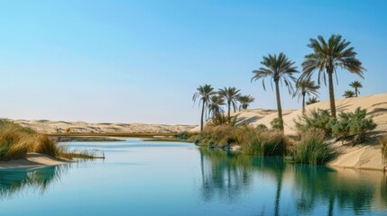 Poster - A serene desert oasis with palm trees and a tranquil pool of water, Desert setting with oasis beauty, Tranquil style