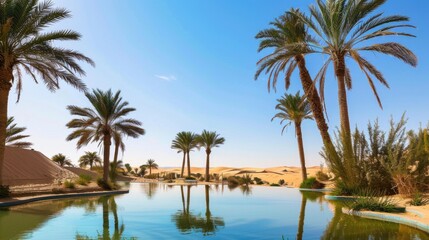 Poster - A serene desert oasis with palm trees and a tranquil pool of water, Desert setting with oasis beauty, Tranquil style