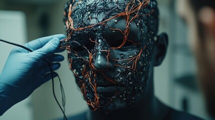 Poster - A person with technological enhancements on their head, potentially for medical or surveillance purposes