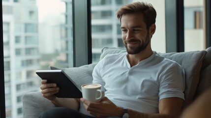 Happy smart causal businessman with tablet at office drinking coffee. 