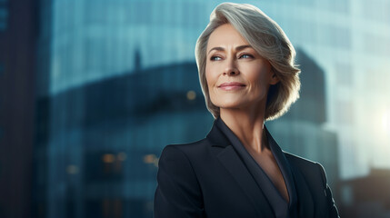 Confident mature businesswoman in a modern suit standing in front of urban office building