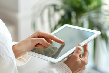 Poster - A woman holds a tablet computer, ready to take notes or browse online