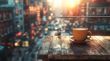 A cozy espresso cup resting on a rustic wooden table, set on a high-rise terrace with a view of a bustling city street below. The scene captures the warm afternoon sunlight,