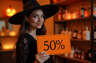 woman in witch costume holding discount gift certificate in hand, against perfume shop background