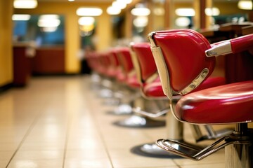 Row of red chairs in a barber shop setting