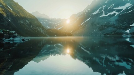 Poster - A serene mountain lake reflecting snow-capped peaks at sunrise, Alpine setting with natural beauty, Tranquil style