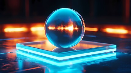 transparent blue sphere resting on a square glass platform illuminated with blue neon lights