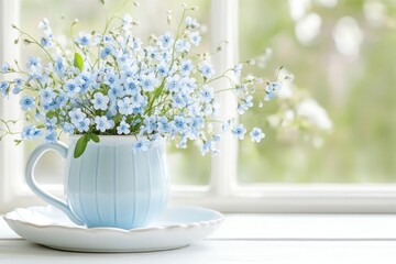 Canvas Print - Soft blue forget-me-nots bloom gently in a light blue cup, perfectly placed on a white plate atop a light table