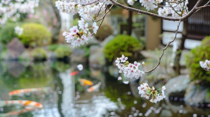Aufkleber - A serene view of a traditional Japanese garden with blooming cherry blossoms and a tranquil koi pond, peaceful setting with soft pastel colors, Zen style