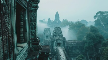 Aufkleber - A serene view of the ancient temples and lush greenery of Angkor Wat with morning fog and historical stone carvings, historical setting with soft grays and rich greens, Angkor Wat style