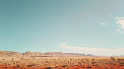 Poster - A serene view of the Australian Outback with vast red deserts and distant mountain ranges under a bright, clear sky, desert setting with expansive beauty