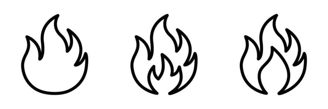 Vector icon set of flames, representing fire, heat, or energy. Suitable for concepts involving danger, warmth, or intensity. Editable stroke.