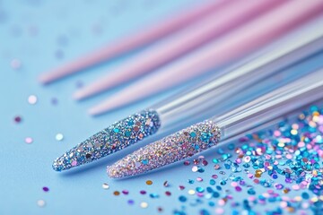 Close-up view of a bunch of glitter on a blue surface