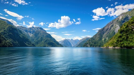 Wall Mural - A serene view of the fjords in New Zealand with tranquil blue waters and lush green cliffs, fjord setting with natural elegance, Tranquil style