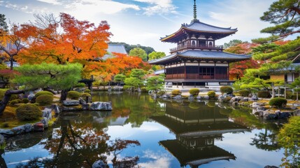 Aufkleber - A serene view of the historic city of Kyoto during autumn with colorful maple leaves covering traditional temples and tranquil ponds reflecting the vibrant foliage