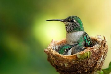 A hummingbird sitting in its nest on a tree branch