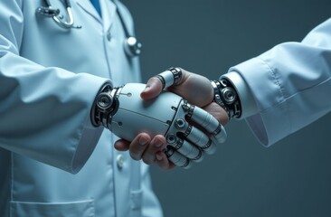 Handshake of a robot and a doctor, joint efforts in medicine, collaboration