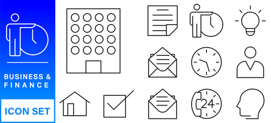 Poster - Business and finance editable stroke line icon set with money, bank, check, law, auction, exchance, payment, wallet, deposit, piggy, calculator, web and more isolated outline thin symbol