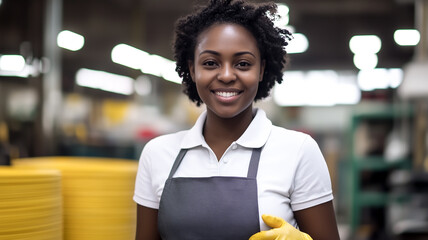 young woman  white polo shirt, dark grey apron, yellow rubber gloves on hands, woman smiling, stock photo, service industry, hospitality business