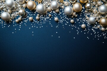 Wall Mural - christmas baubles and glitter arranged on a dark blue background creating a festive holiday scene