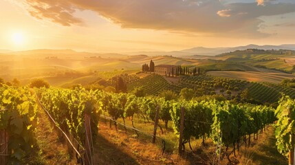 Aufkleber - A serene view of the rolling hills and vineyards of Tuscany with traditional farmhouse architecture and lush grapevines under a golden sunset, rural setting with warm golds and greens, Tuscany style