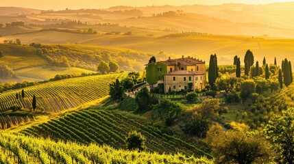 Aufkleber - A serene view of the rolling hills and vineyards of Tuscany with traditional farmhouse architecture and lush grapevines under a golden sunset, rural setting with warm golds and greens, Tuscany style