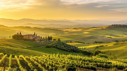 Aufkleber - A serene view of the rolling hills and vineyards of Tuscany with traditional farmhouse architecture and lush grapevines under a golden sunset, rural setting with warm golds and greens, Tuscany style