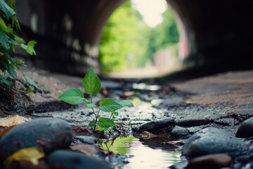 Sticker - A small plant emerging from a puddle of water, with sunlight reflecting off the surface