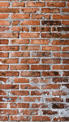 Panorama of red old brick wall. Detailed texture of aged masonry with broken bricks and peeling plaster. Urban, grunge, industrial, abstract backdrop. Pattern of loft interior or exterior background