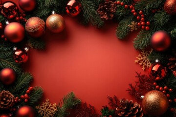 Wall Mural - Christmas ornaments, pine branches, pine cones, and red berries creating a festive frame on a vibrant red background