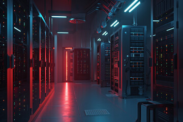 Poster - A computer room with many servers and a neon light