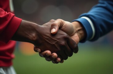 Two football players in sportswear shaking hands