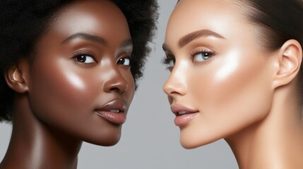 Two women with radiant skin showcase beauty and diversity in a close-up portrait, AI