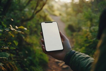 Hiker is holding smartphone with white screen mockup while walking in forest path