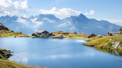 Poster - A serene view of the tranquil lakes and rugged mountains of Switzerland with picturesque alpine chalets and clear skies, alpine setting with cool blues and soft whites, Switzerland style