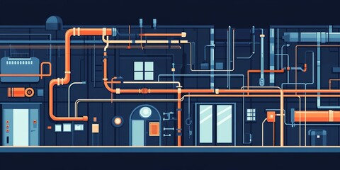 Blueprint view, building with air duct paths, flat design illustration