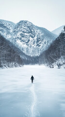 Wall Mural - solitary figure glides across frozen lake, surrounded by snow covered mountains and trees, evoking sense of tranquility and adventure in winter landscape