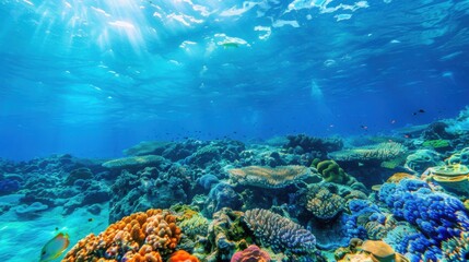 Aufkleber - A serene view of the turquoise waters of the Great Barrier Reef with colorful coral formations and marine life, underwater setting with vibrant colors, Vibrant style